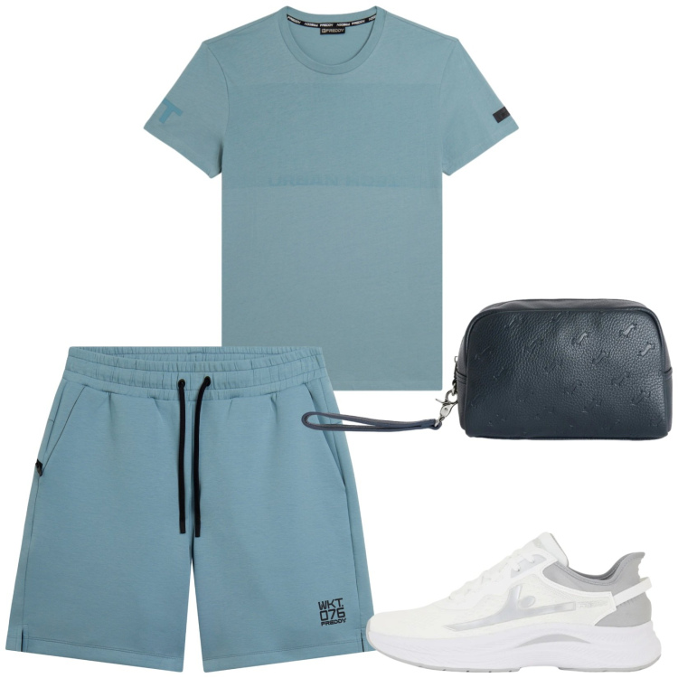 Outfit uomo - Total look #2427364. Stile Casual per Sport. Abbinamento con borse sportive, t-shirt, sneakers, pantaloni corti.