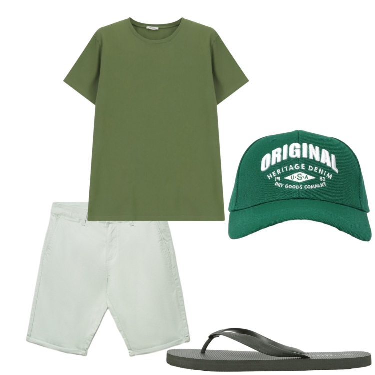 Outfit uomo - Green. Stile Casual per Tutti i giorni. Abbinamento con cappelli con visiera, shorts, sandali, t-shirt.