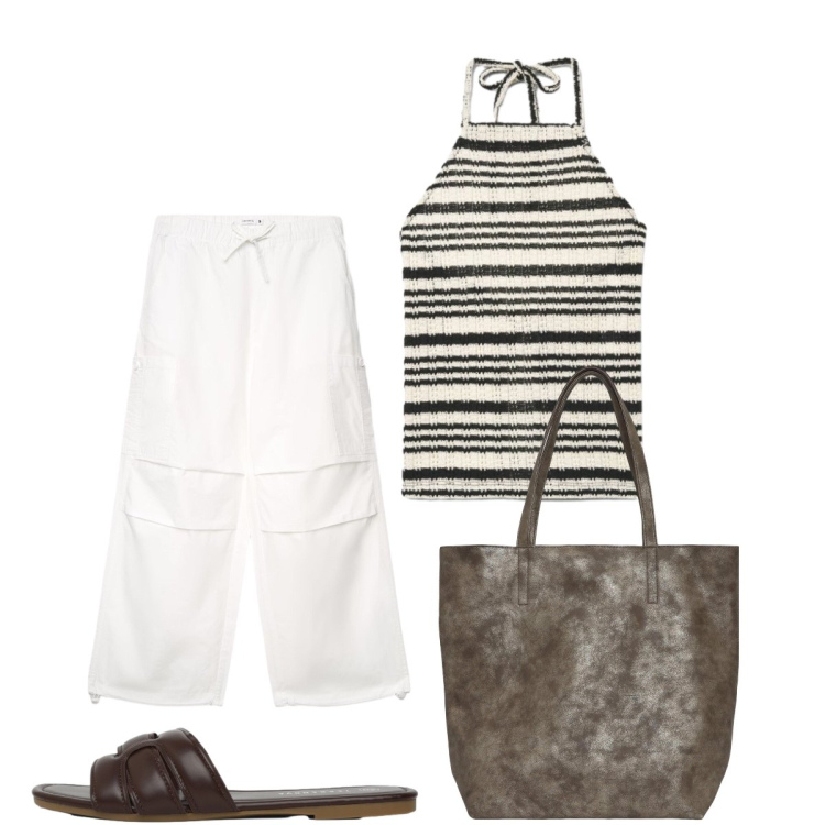 Outfit donna - Total look #2427368. Stile Casual chic per Tutti i giorni. Abbinamento con shopping bag, canottiere, pantaloni cargo, ciabatte.