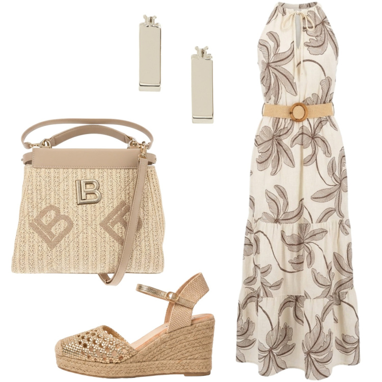 Outfit donna - Saldi estivi. Stile Glamour per Tutti i giorni. Abbinamento con vestiti lunghi, espadrillas, orecchini, borse a tracolla.
