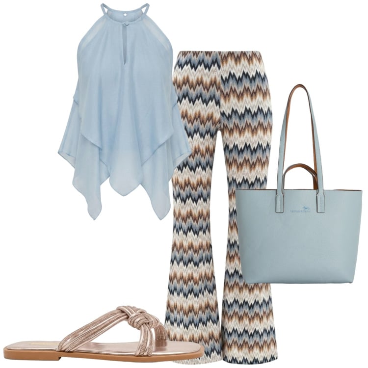 Outfit donna - Al mare. Stile Trendy per Mare. Abbinamento con shopping bag, canottiere, pantaloni, sandali.