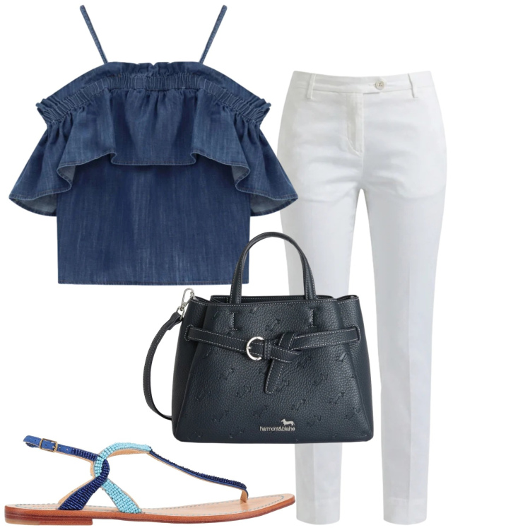 Outfit donna - Summer. Stile Casual chic per Tutti i giorni. Abbinamento con infradito, pantaloni, borse a mano, top.