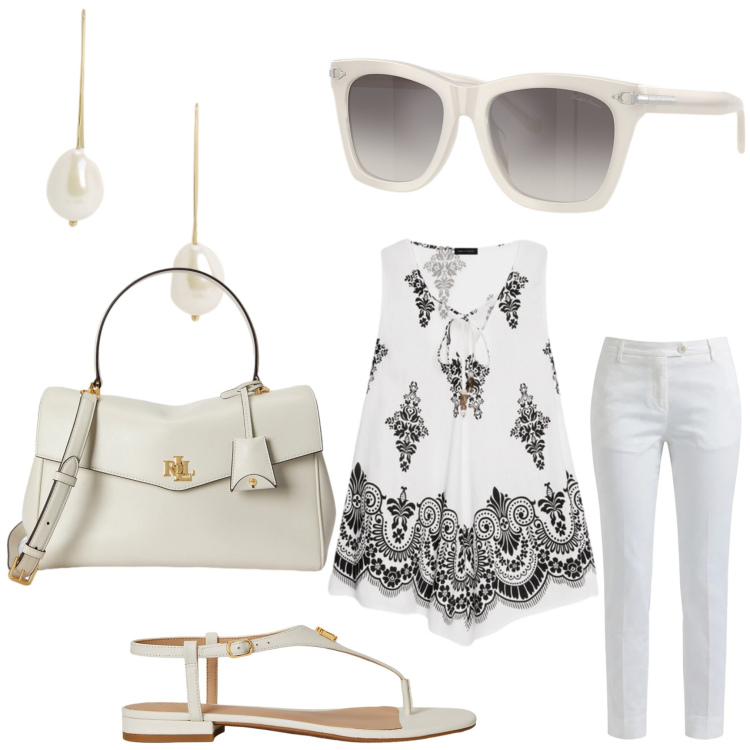 Outfit donna - Bianco everyday. Stile Basic per Tutti i giorni. Abbinamento con pantaloni, canottiere, occhiali da sole, sandali in pelle, borse a mano, orecchini.