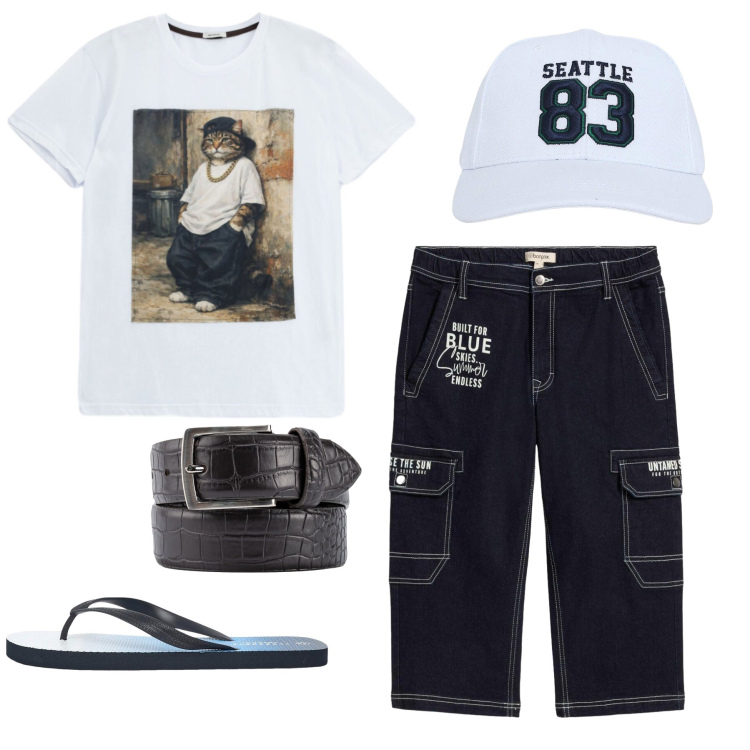 Outfit uomo - Total look #2427386. Stile Casual per Tutti i giorni. Abbinamento con jeans, cappelli, sandali, cinture, t-shirt.