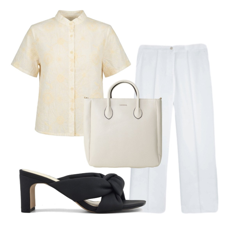 Outfit donna - sorella elegante. Stile Chic per Cerimonia. Abbinamento con borse a tracolla, pantaloni, camicie a manica corta, sandali col tacco.