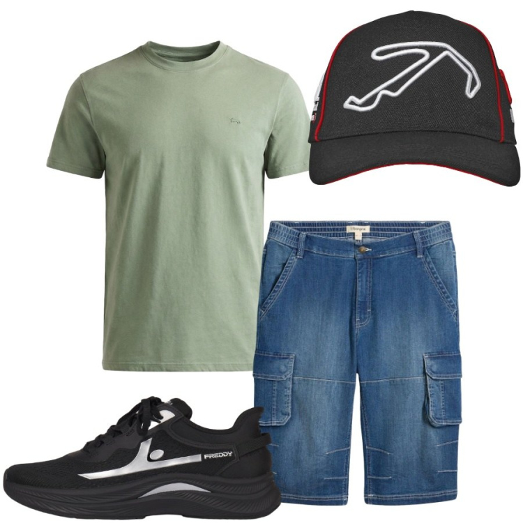 Outfit uomo - Total look #2427401. Stile Casual per Tutti i giorni. Abbinamento con bermuda, t-shirt, cappelli con visiera, sneakers.