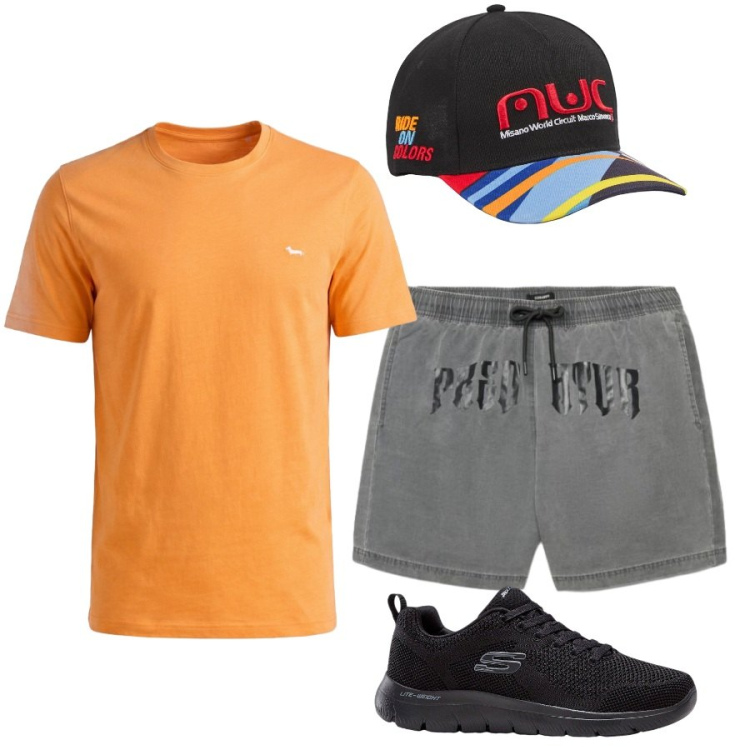 Outfit uomo - Total look #2427403. Stile Casual per Tutti i giorni. Abbinamento con sneakers, t-shirt, cappelli con visiera, bermuda.