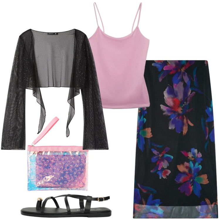 Outfit donna - Serata spensierata. Stile Glamour per Serata fuori. Abbinamento con gonne lunghe, blazer, pochette, sandali, canottiere.