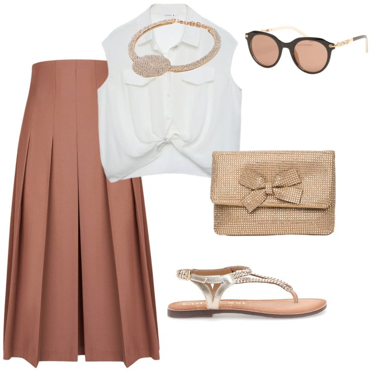 Outfit donna - Stile estivo. per Ufficio. Abbinamento con camicie a manica corta, collane, occhiali da sole, clutch, gonne longuette, sandali.