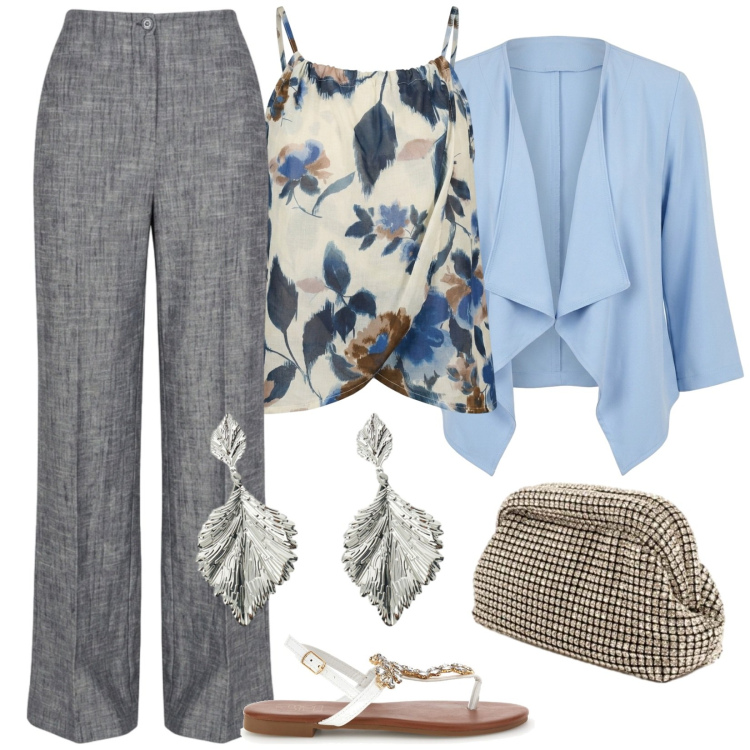 Outfit donna - Outfit estivo. per Cerimonia. Abbinamento con orecchini, blazer, pantaloni a palazzo, top, clutch, sandali gioiello.