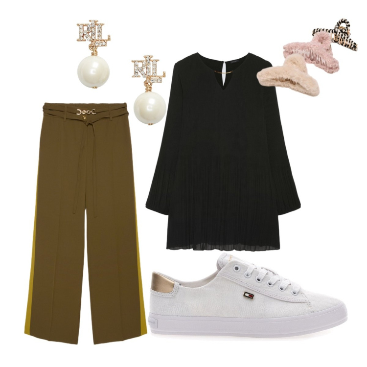 Outfit donna - Pantaloni ufficio in estate. Stile Casual chic per Ufficio. Abbinamento con bluse, pantaloni, accessori per capelli, orecchini, sneakers.
