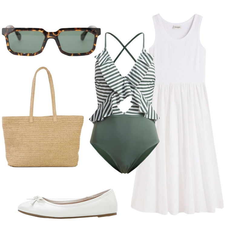Outfit donna - Total look #2427414. Stile Basic per Mare. Abbinamento con vestiti, costumi interi, ballerine, shopping bag, occhiali da sole.