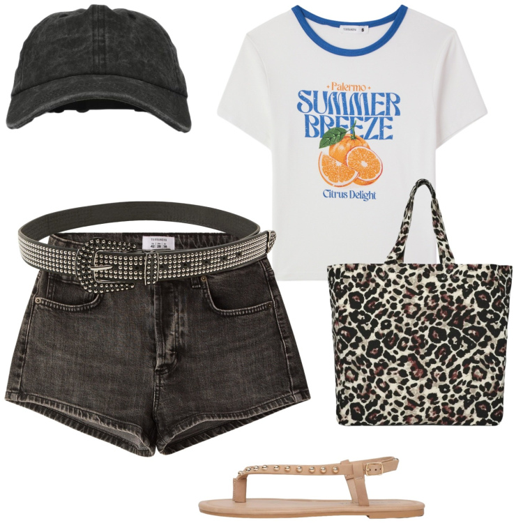 Outfit donna - Estate. Stile Casual per Tutti i giorni. Abbinamento con t-shirt, cinture, shopping bag, ciabatte, shorts, cappelli con visiera.