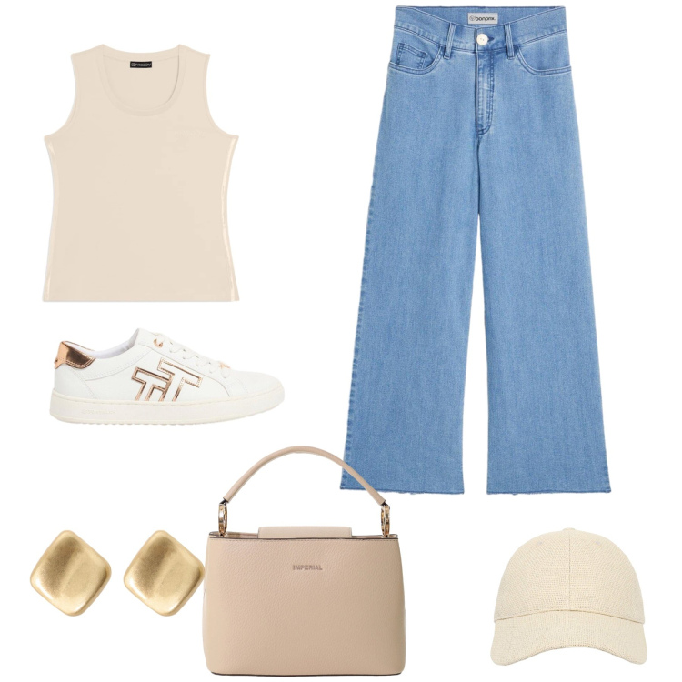 Outfit donna - Total look #2427422. Abbinamento con jeans, sneakers, cappelli con visiera, canottiere, borse a secchiello, orecchini.