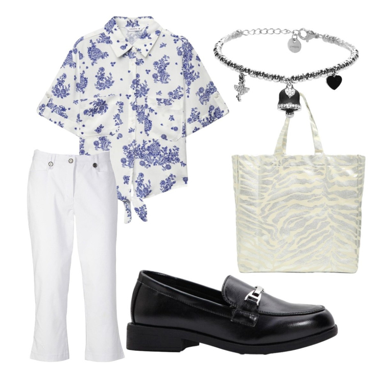 Outfit donna - Luglio ufficio. Stile Preppy per Ufficio. Abbinamento con mocassini, pantaloni capri, shopping bag, camicie a manica corta, braccialetti.