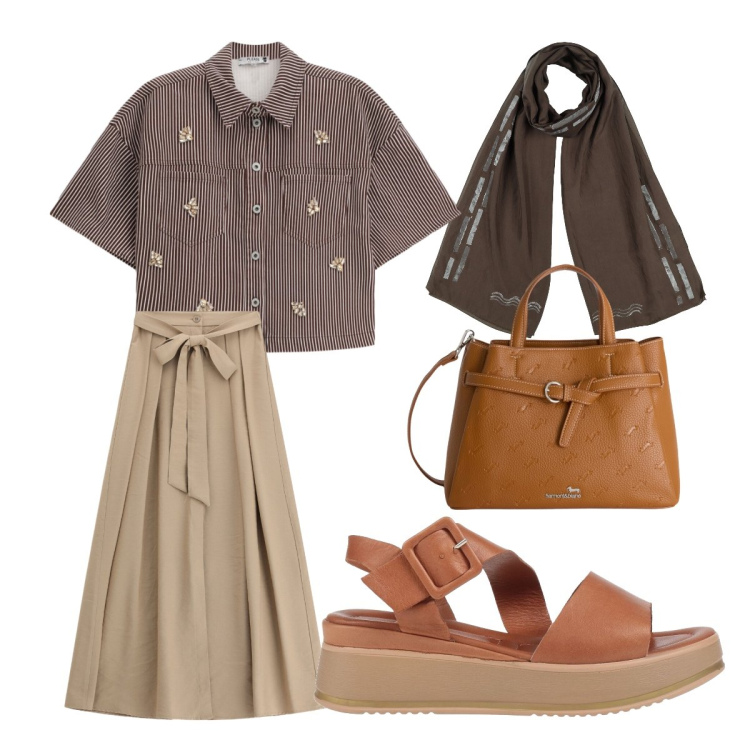 Outfit donna - 1 luglio. Stile Casual per Ufficio. Abbinamento con sandali in pelle, sciarpe, borse a mano, camicie a manica corta, gonne lunghe.