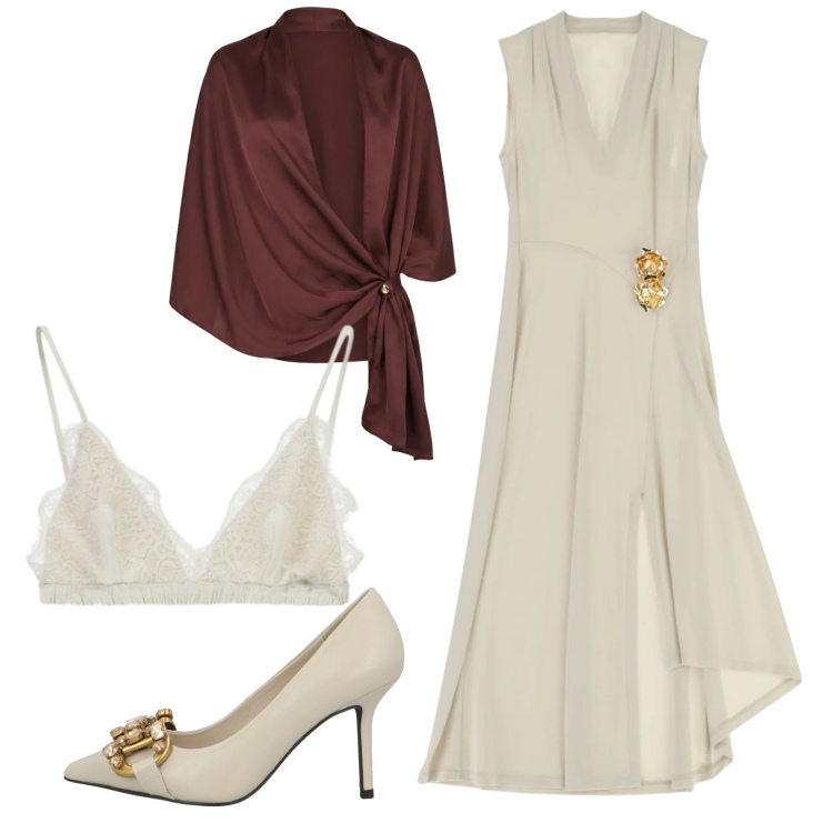 Outfit donna - Total look #2427426. Stile Chic per Cerimonia. Abbinamento con décolleté, stole, vestiti midi/longuette, reggiseni.