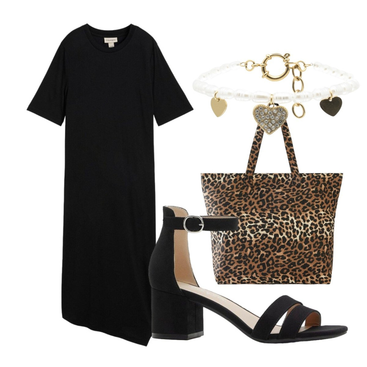 Outfit donna - Ultimo giorno di giugno. Stile Trendy per Serata fuori. Abbinamento con vestiti asimmetrici, shopping bag, sandali col tacco, braccialetti.