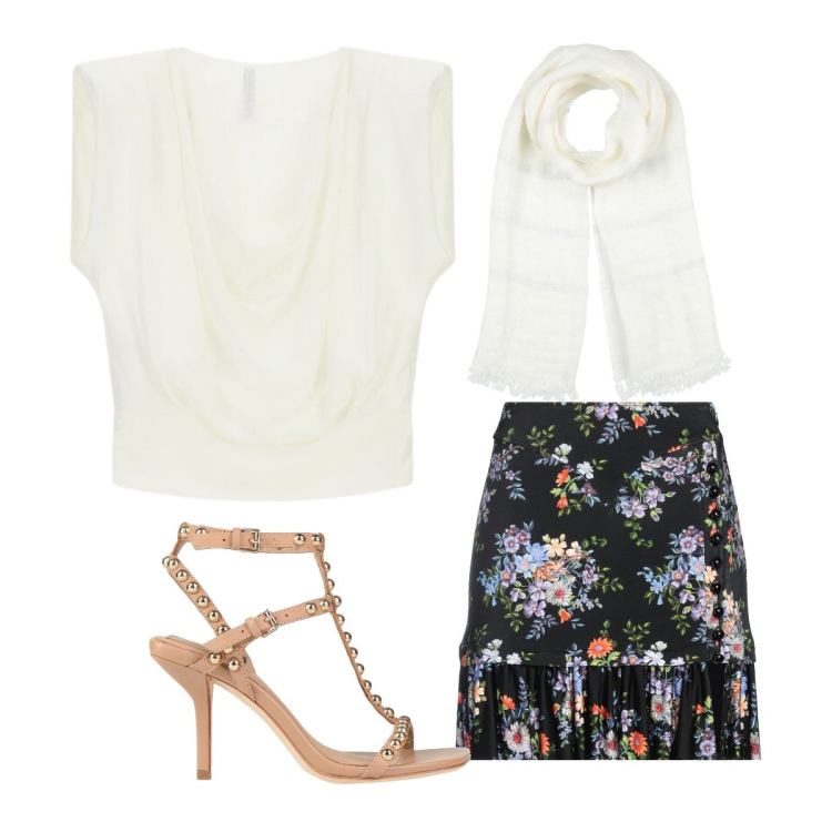 Outfit donna - Fine giugno. Stile Chic per Cerimonia. Abbinamento con sciarpe, sandali in pelle, minigonne, top.