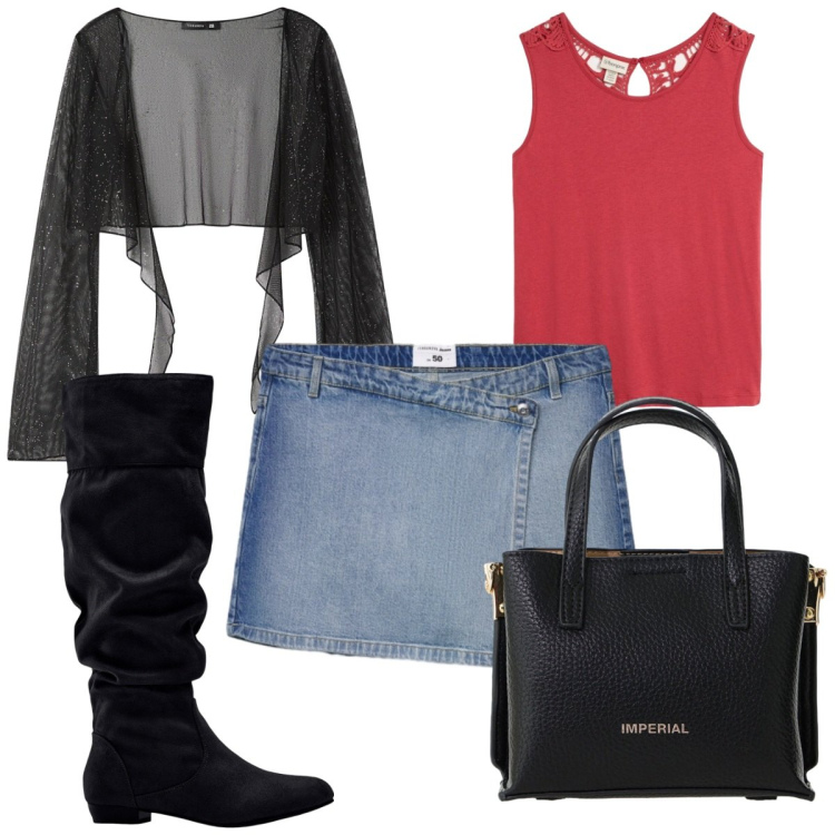 Outfit donna - Total look #2427436. Stile Trendy per Tutti i giorni. Abbinamento con stivali, top, blazer, gonne, borse a tracolla.
