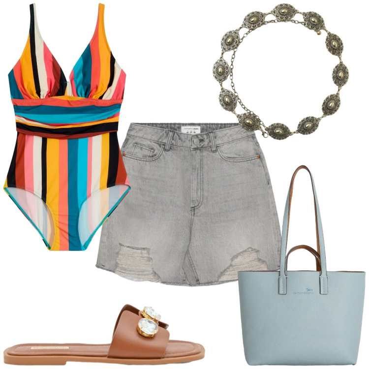 Outfit donna - Total look #2427438. Stile Trendy per Mare. Abbinamento con costumi interi, shorts, cinture, shopping bag, sandali gioiello.