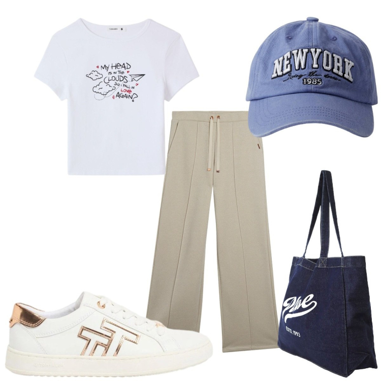 Outfit donna - Total look #2427440. Stile Basic per Sport. Abbinamento con sneakers, t-shirt, cappelli, pantaloni, shopping bag.