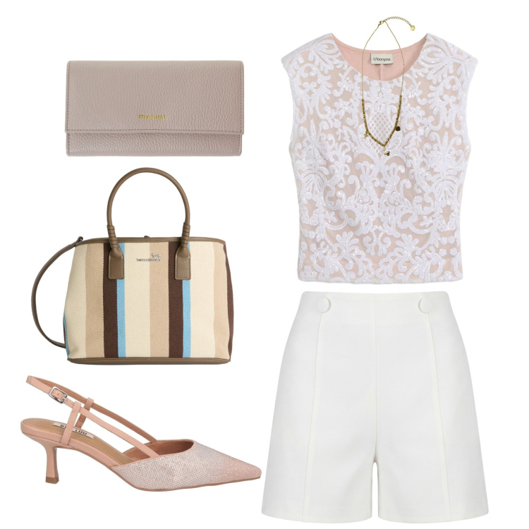 Outfit donna - Look fine e rilassato per aperitivo. Stile Casual chic per Serata fuori. Abbinamento con décolleté, canottiere, shopping bag, pantaloni corti, portafogli, ciondoli.