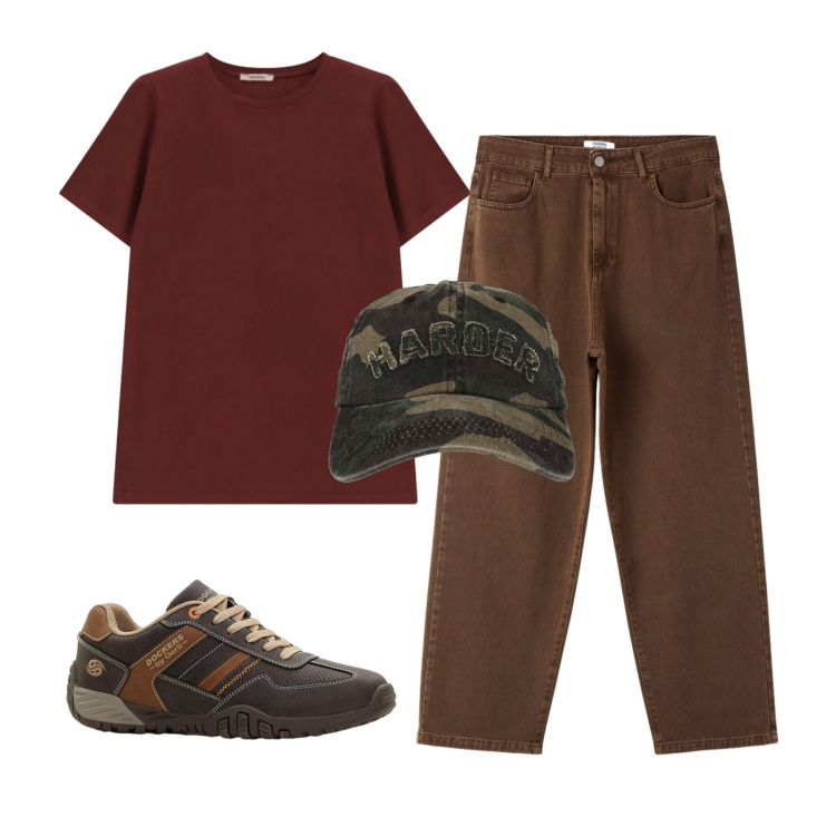 Outfit uomo - Urban Explorer: sfumature di terra. Stile Urban per Tutti i giorni. Abbinamento con sneakers, cappelli con visiera, pantaloni, t-shirt.
