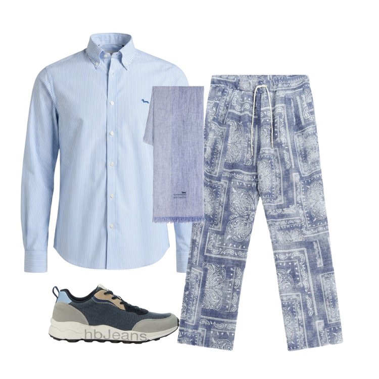 Outfit uomo - Brezza d\'estate in azzurro. Stile Business/Elegante per Ufficio. Abbinamento con camicie, sciarpe, sneakers, pantaloni.