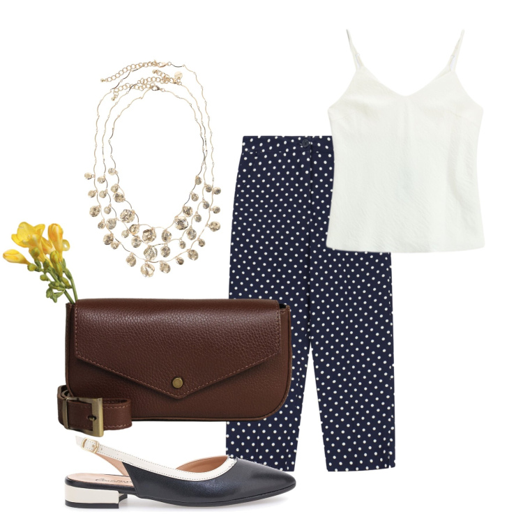 Outfit donna - Luglio. Stile Chic per Tutti i giorni. Abbinamento con borse a tracolla, collane, pantaloni, canottiere, ballerine.