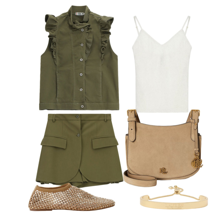 Outfit donna - Luglio. Stile Trendy per Tutti i giorni. Abbinamento con ballerine, gilet, shorts, top, borse a tracolla, braccialetti.