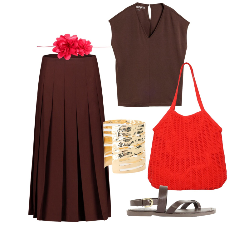 Outfit donna - Luglio. Stile Trendy per Tutti i giorni. Abbinamento con sandali, canottiere, shopping bag, braccialetti, gonne longuette, cinture.