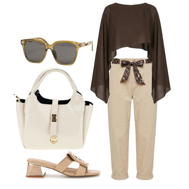Outfit donna - Luglio. Stile Casual chic per Tutti i giorni. Abbinamento con top, occhiali da sole, pantaloni, scarpe col tacco, borse a mano.