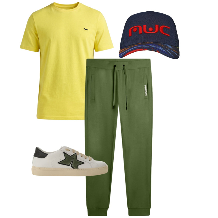 Outfit uomo - Energia in movimento. Stile Casual per Mare. Abbinamento con t-shirt, cappelli con visiera, pantaloni, sneakers.