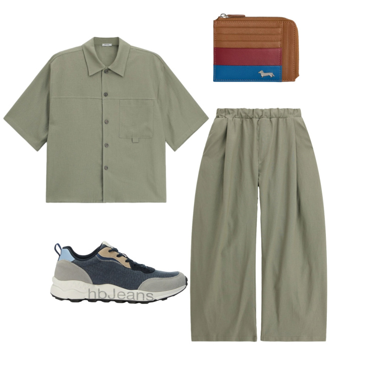 Outfit uomo - Minimal con classe. Stile Urban per Tutti i giorni. Abbinamento con sneakers, portamonete, camicie a manica corta, pantaloni.