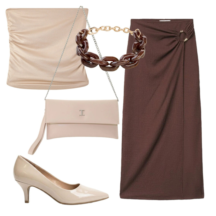 Outfit donna - Total look #2427488. Stile Chic per Serata fuori. Abbinamento con braccialetti, décolleté, gonne lunghe, top, borse a tracolla.