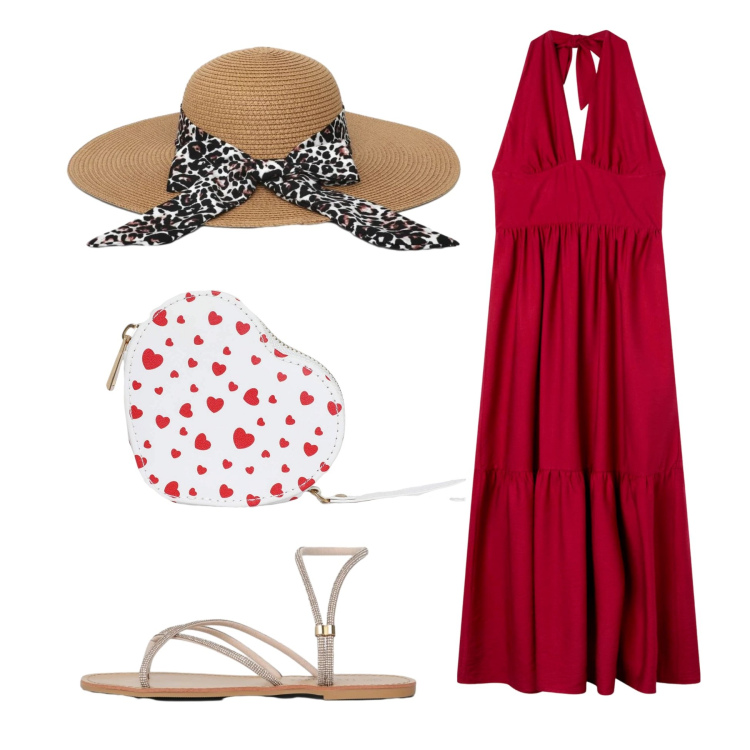 Outfit donna - Abito rosso. Stile Romantica per Tutti i giorni. Abbinamento con vestiti lunghi, portafogli, cappelli, sandali.