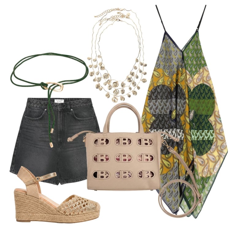 Outfit donna - Summer vibes. Stile Boho per Tutti i giorni. Abbinamento con shorts, top, collane, espadrillas, cinture, borse a mano.