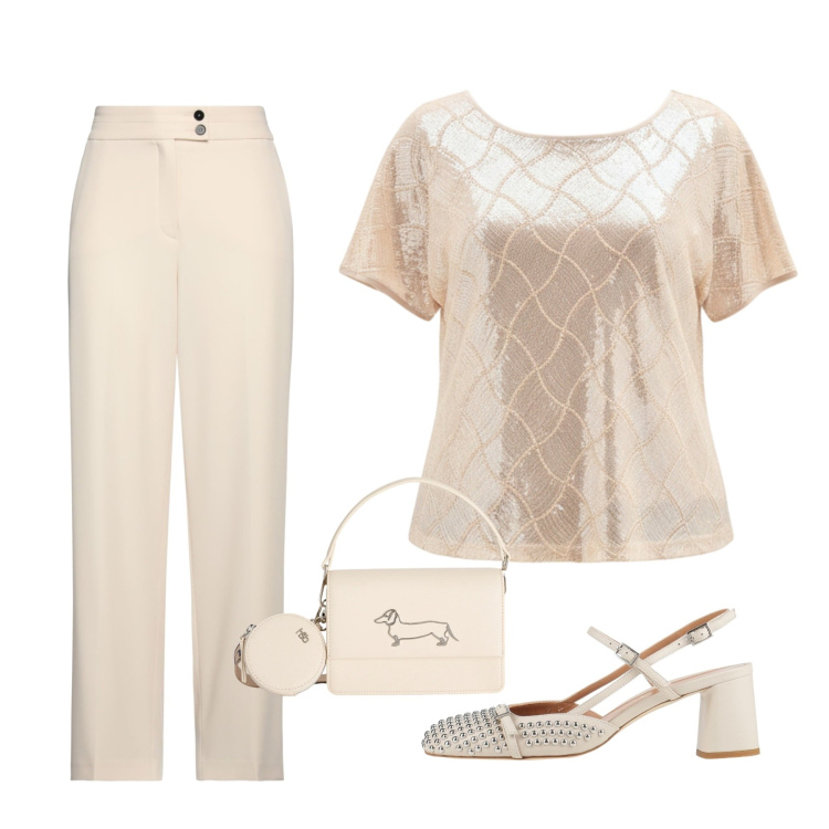 Outfit donna - Elegante aperitivo. Stile Chic per Serata fuori. Abbinamento con pantaloni, décolleté, bluse, borse a tracolla.