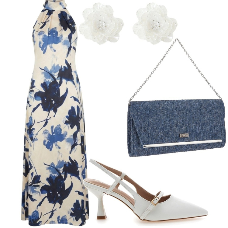 Outfit donna - Eventi estivi. Stile Chic per Cerimonia. Abbinamento con orecchini, vestiti lunghi, clutch, décolleté.