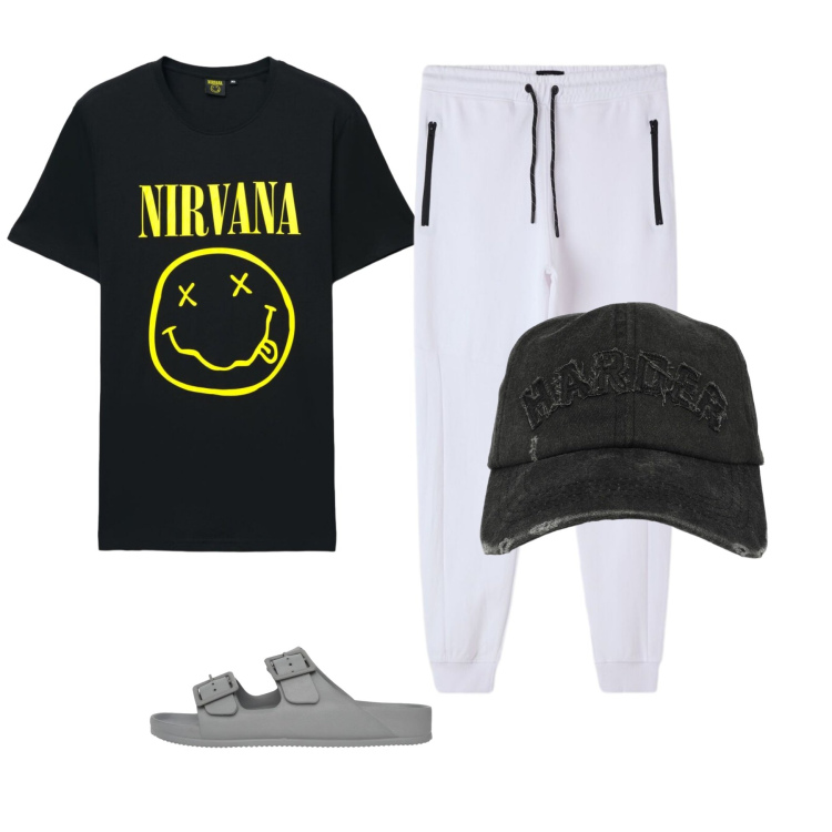 Outfit uomo - Rock Never Dies. Stile Biker Rock per Serata speciale. Abbinamento con pantaloni, cappelli con visiera, sandali, t-shirt.