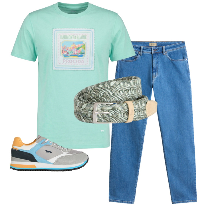 Outfit uomo - Fresh Mint Vibes. Stile Casual per Serata speciale. Abbinamento con sneakers, t-shirt, cinture, pantaloni.