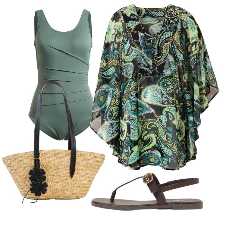 Outfit donna - Total look #2427503. Stile Basic per Mare. Abbinamento con vestiti da spiaggia, shopping bag, costumi interi, sandali.