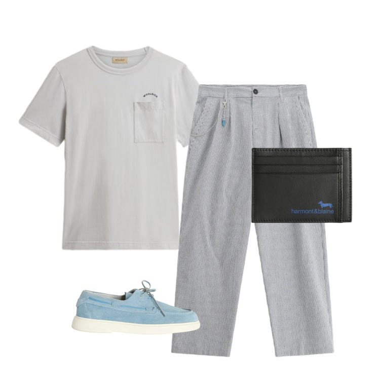Outfit uomo - Brezza Mediterranea 🤍. Stile Business/Elegante per Ufficio. Abbinamento con portafogli, scarpe stringate, t-shirt, pantaloni.
