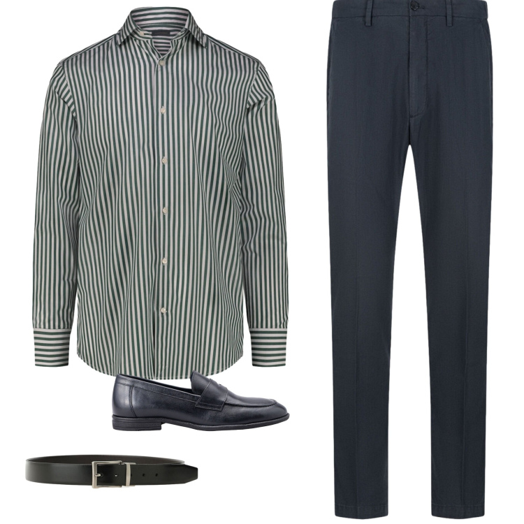 Outfit uomo - Righe di classe. Stile Business/Elegante per Ufficio. Abbinamento con camicie, scarpe stringate, pantaloni, cinture.
