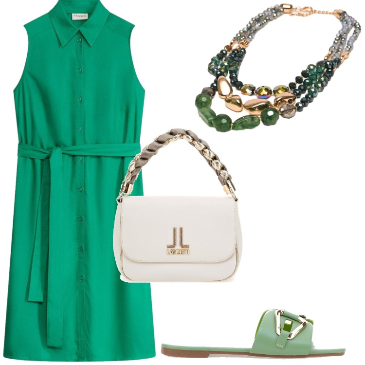 Outfit donna - Contrasti in verde. Stile Chic per Serata fuori. Abbinamento con vestiti chemisier, collane, ciabatte, borse a tracolla.