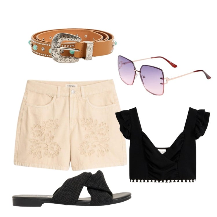Outfit donna - Coachella style. Stile Boho per Tutti i giorni. Abbinamento con bermuda, top, occhiali da sole, sandali, cinture.