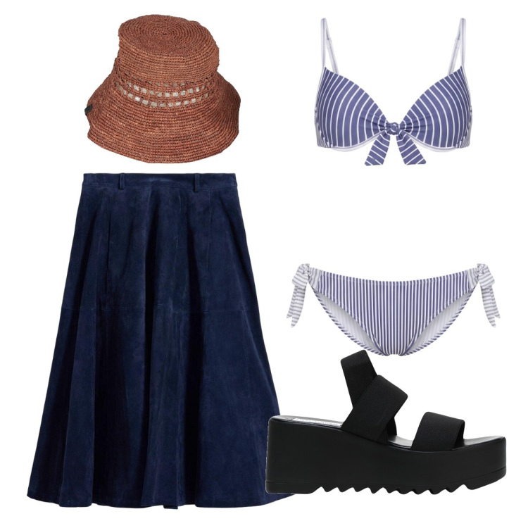 Outfit donna - Al mare curvy. Stile Casual chic per Mare. Abbinamento con cappelli con visiera, sandali col tacco, gonne, bikini.