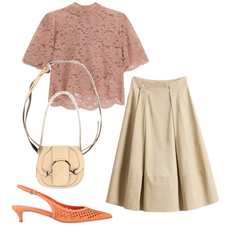 Outfit donna - Pizzo pesca. Stile Chic per Cerimonia. Abbinamento con marsupi, décolleté, top, gonne lunghe.