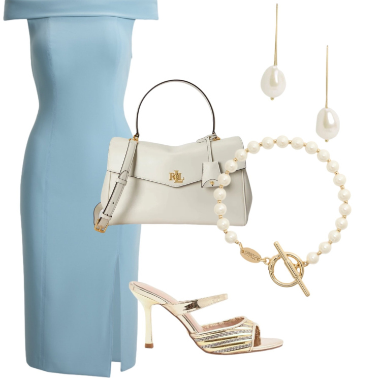 Outfit donna - Eleganza senza tempo. Stile Chic per Cerimonia. Abbinamento con sabot, vestiti a tubino, orecchini, borse a mano, braccialetti.